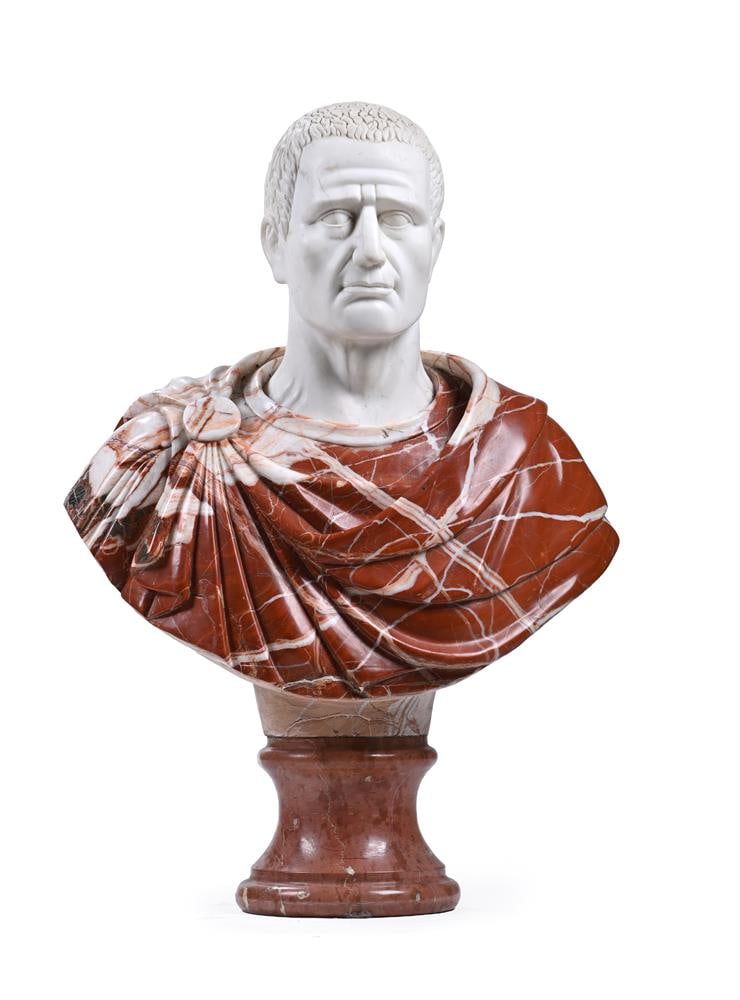 A LARGE CARVED MARBLE BUST OF A ROMAN MAN, POSSIBLY SPANISH, TOGETHER WITH A MARBLE PEDESTAL, MODERN - 2