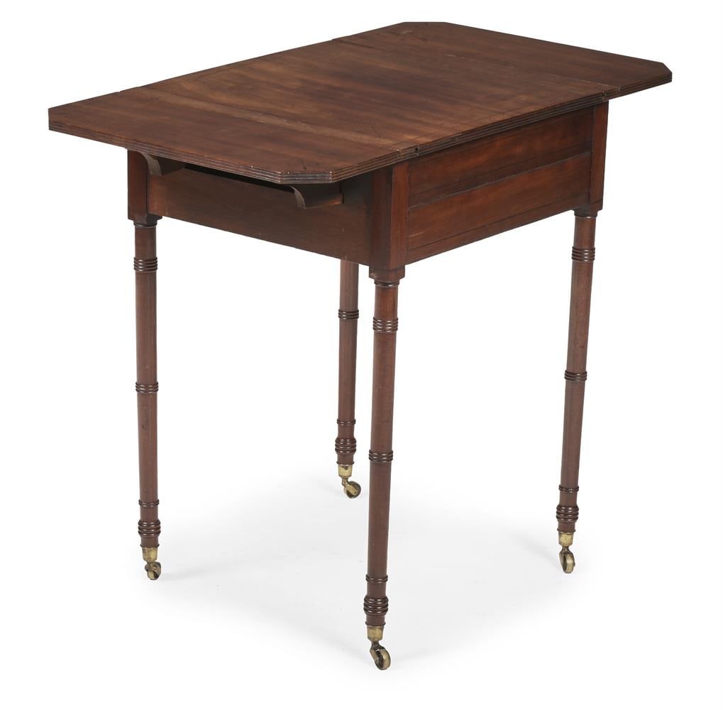 Y A REGENCY MAHOGANY AND EBONY STRUNG GAMING WORK TABLE, CIRCA 1815: Y A REGENCY MAHOGANY AND EBONY STRUNG GAMING WORK TABLE CIRCA 1815 The top sliding and reversing to reveal parquetry chess board with bordering cribbage boards, the well lined as a backgammon