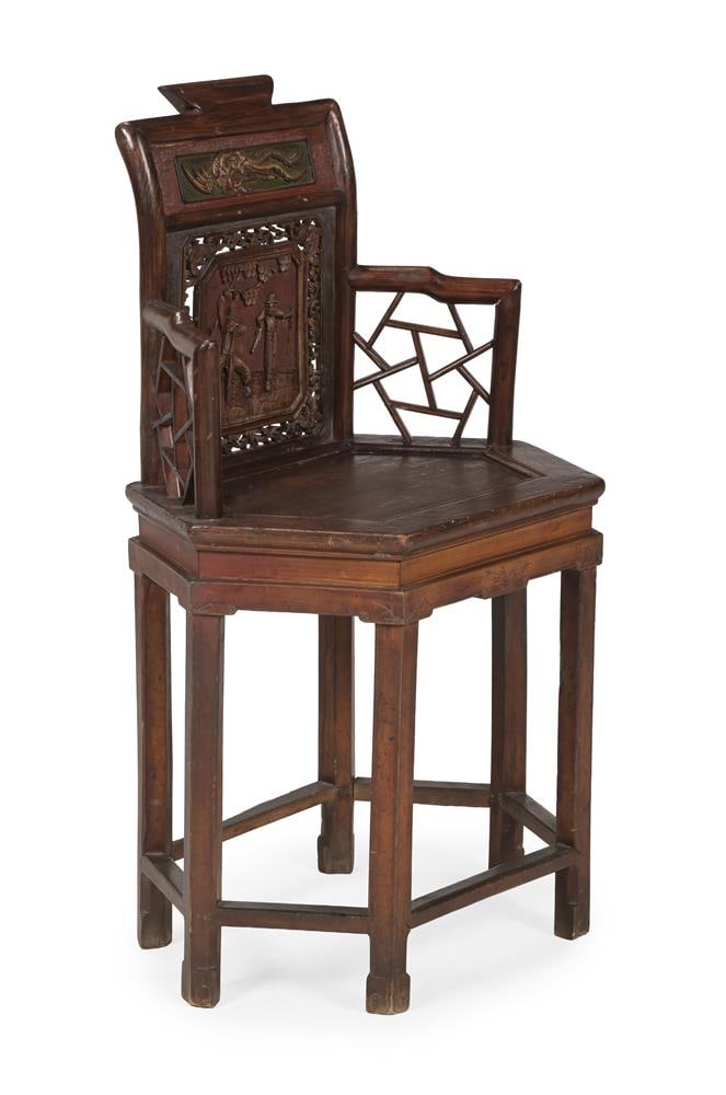 A CHINESE YUMU ELM CORNER ARMCHAIR, QING DYNASTY, SECOND HALF 19TH CENTURY: A CHINESE YUMU ELM CORNER ARMCHAIR WITH CARVED AND LACQUERED PANELS QING DYNASTY, SECOND HALF 19TH CENTURY 94cm high, 57cm wide, 43cm deep Condition Report: PLEASE NOTE: ALL LOTS ARE LOCATED AT