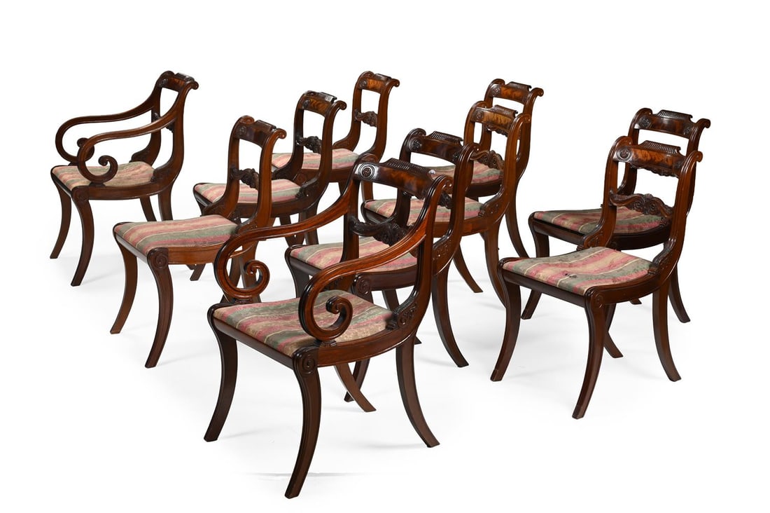 A WILLIAM TILLMAN MAHOGANY TWIN PEDESTAL DINING TABLE AND SET OF TEN CHAIRS, MANNER OF GILLOWS - 3