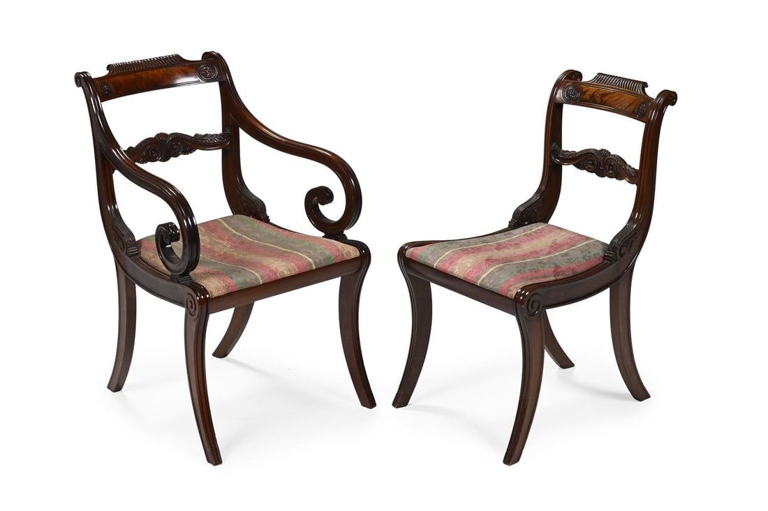A WILLIAM TILLMAN MAHOGANY TWIN PEDESTAL DINING TABLE AND SET OF TEN CHAIRS, MANNER OF GILLOWS - 4