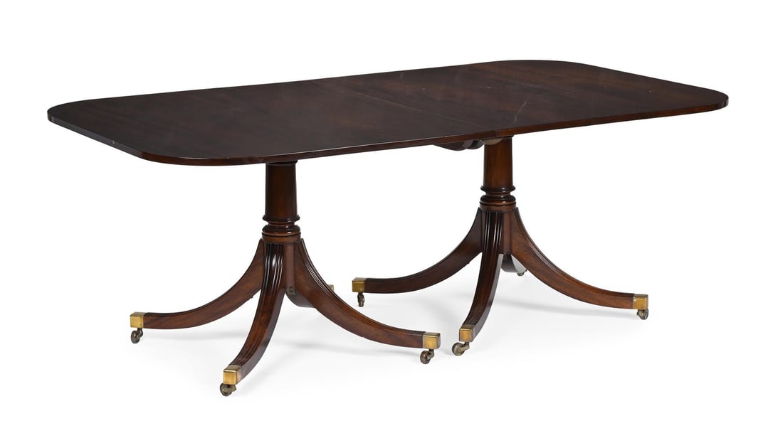 A WILLIAM TILLMAN MAHOGANY TWIN PEDESTAL DINING TABLE AND SET OF TEN CHAIRS, MANNER OF GILLOWS - 5