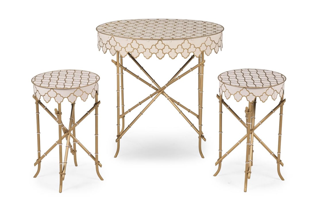 THREE PAINTED AND PARCEL GILT IRON FAUX BAMBOO CIRCULAR OCCASIONAL TABLES, MODERN (1 of 3)