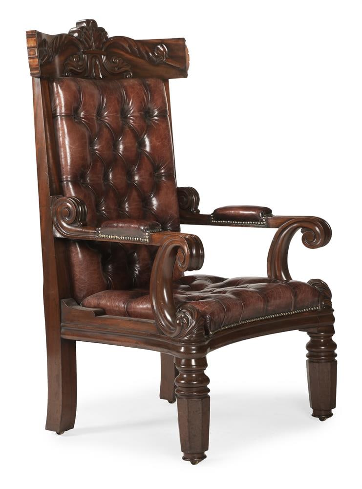 A MAHOGANY AND BUTTONED LEATHER THRONE OR MASTER'S ARMCHAIR, CIRCA 1830 (1 of 3)