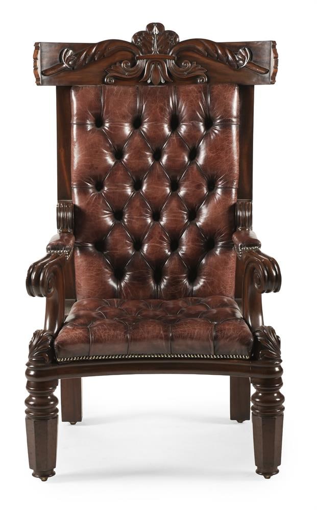 A MAHOGANY AND BUTTONED LEATHER THRONE OR MASTER'S ARMCHAIR, CIRCA 1830 - 2