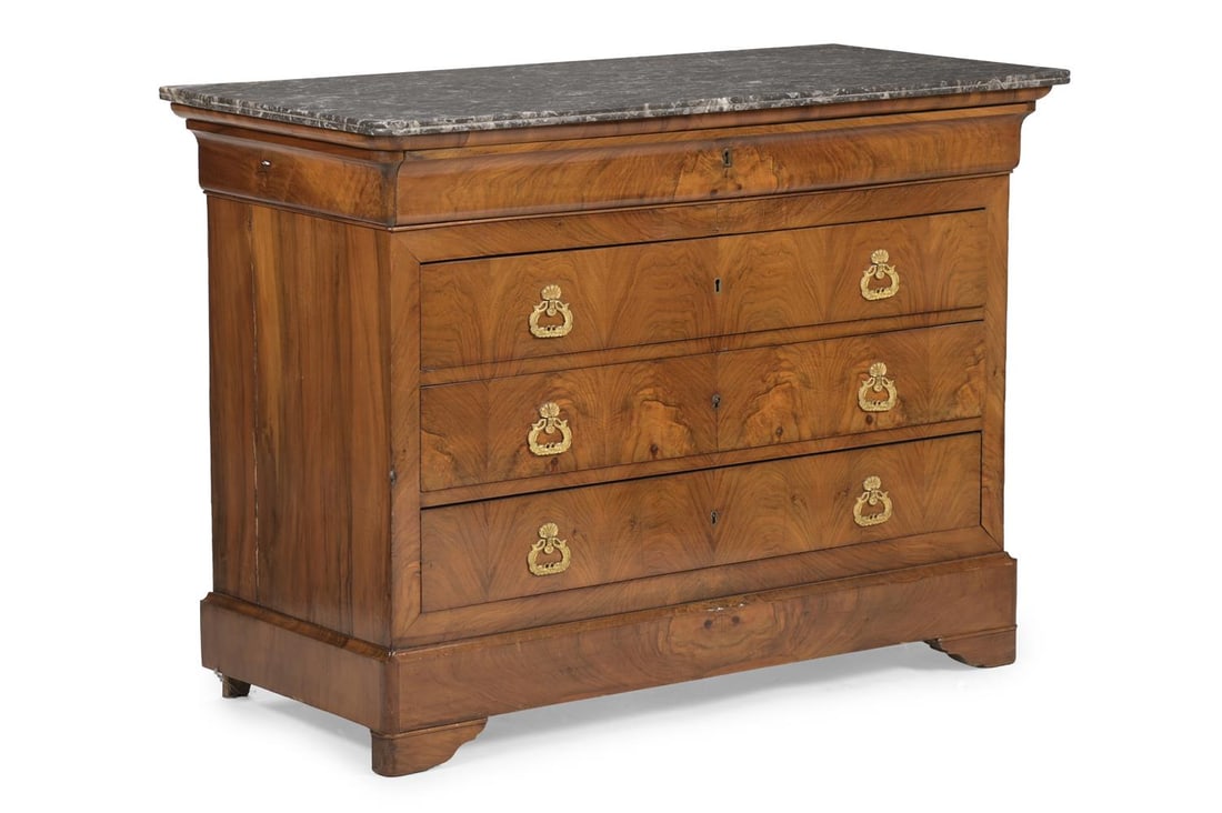 A CHARLES X WALNUT MARBLE TOPPED COMMODE, FRENCH, CIRCA 1830 (1 of 4)