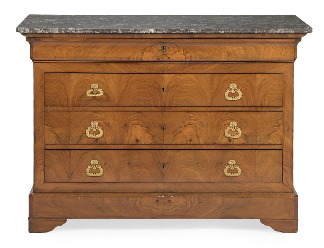 A CHARLES X WALNUT MARBLE TOPPED COMMODE, FRENCH, CIRCA 1830 - 2