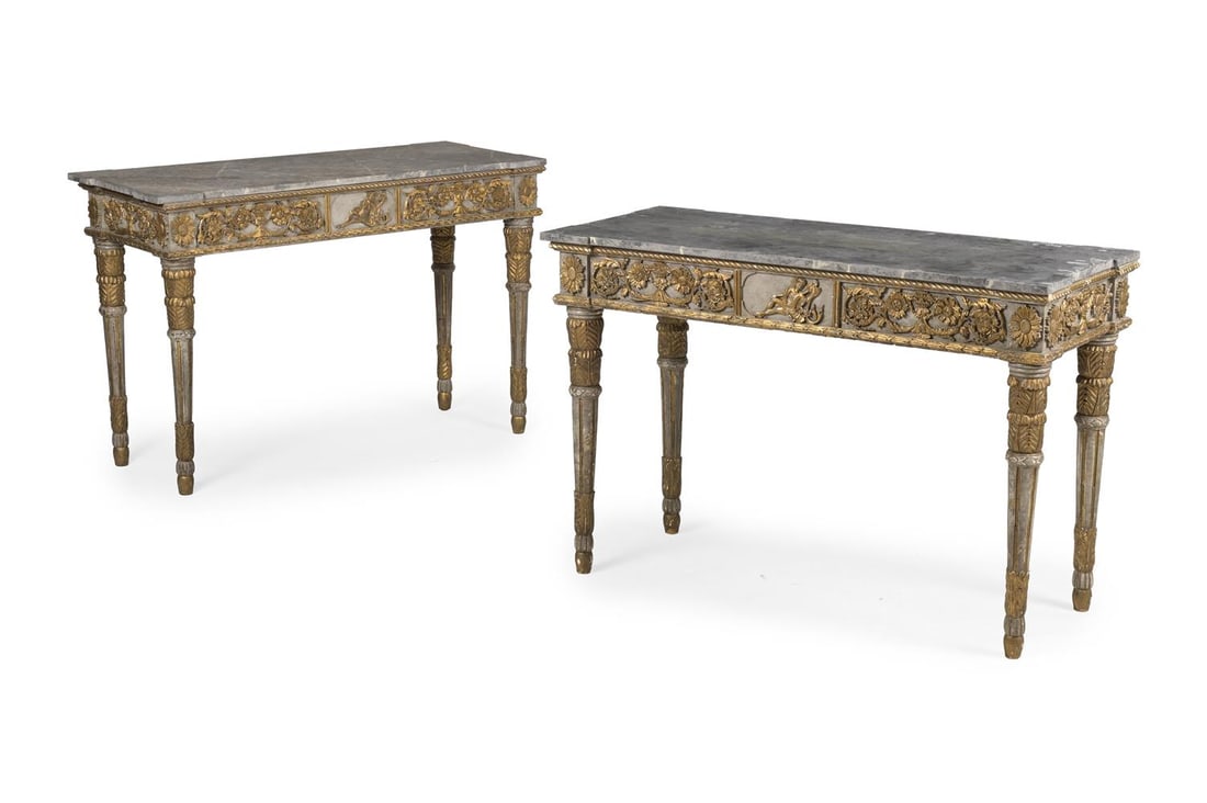 A PAIR OF PAINTED, GILTWOOD AND SIMULATED MARBLE CONSOLE TABLES, ITALIAN, OF RECENT MANUFACTURE (1 of 4)