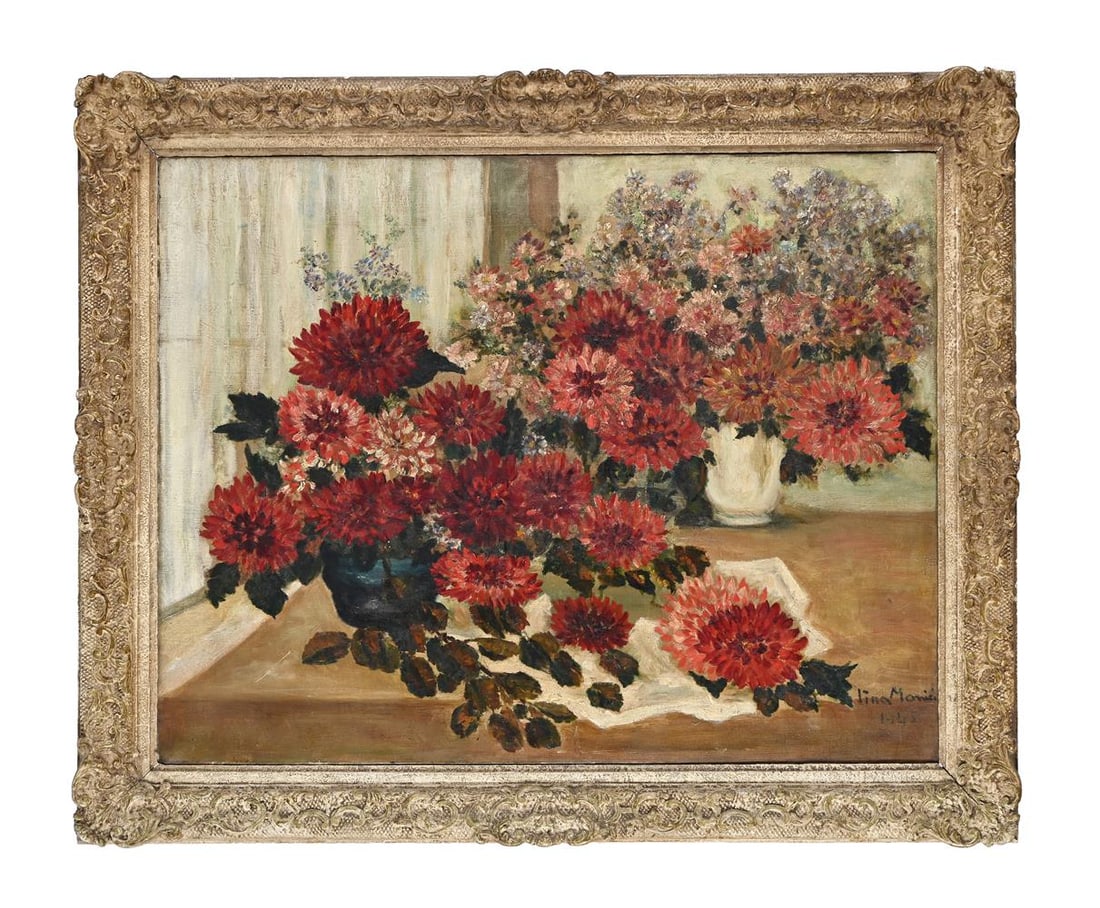 LINA MONICI (ITALIAN 20TH CENTURY), STILL LIFE OF FLOWERS: LINA MONICI (ITALIAN 20TH CENTURY) STILL LIFE OF FLOWERS Oil on canvas Signed and dated1945 (lower right) 71 x 91cm (27¾ x 35¾in.) Condition Report: PLEASE NOTE: ALL LOTS ARE LOCATED AT