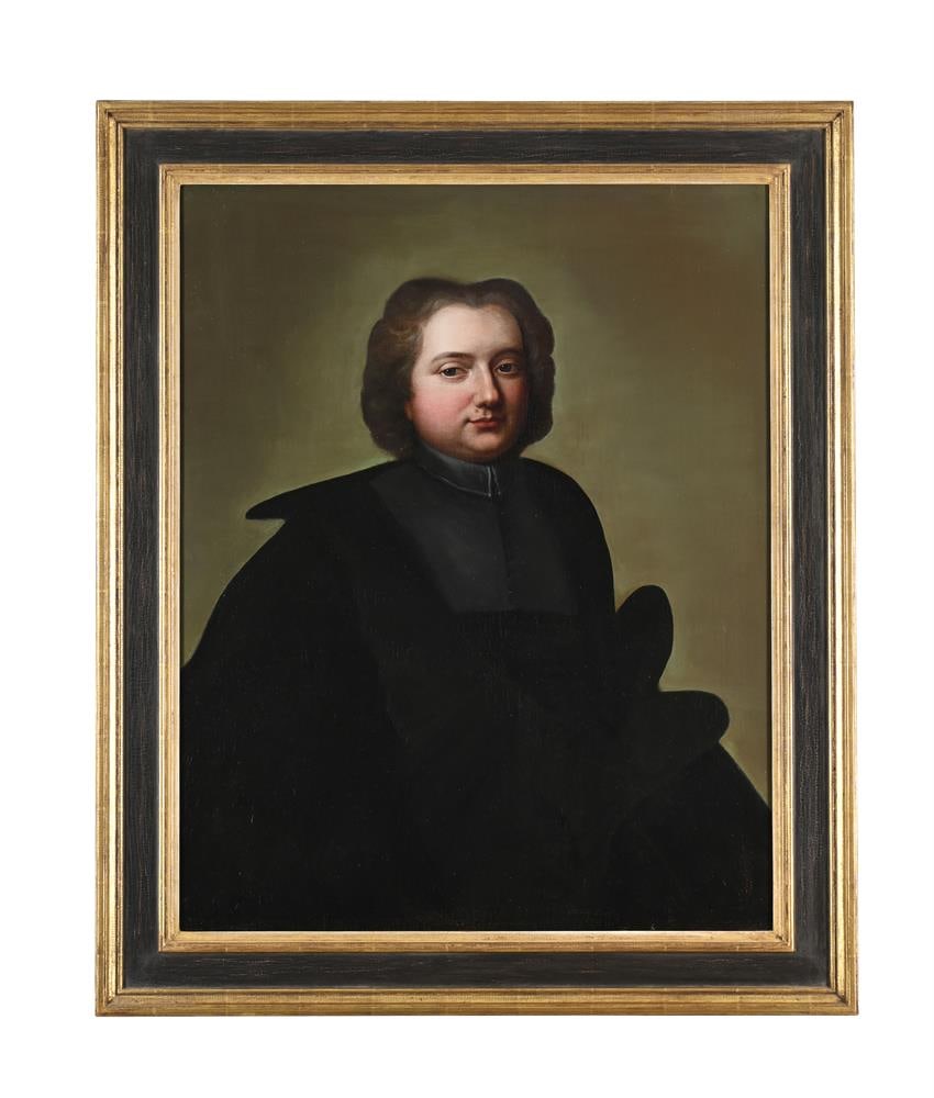 FRENCH SCHOOL (18TH CENTURY), PORTRAIT OF A GENTLEMAN IN A BLACK VEST: FRENCH SCHOOL (18TH CENTURY) PORTRAIT OF A GENTLEMAN IN A BLACK VEST, POSSIBLY A PRIEST Oil on canvas Insribed with possible provenance 'La Comtesse de **' (verso) 79 x 62.5cm (31 x