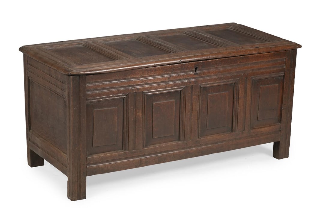 A JAMES II OAK THREE PANEL COFFER, LATE 17TH CENTURY: A JAMES II OAK THREE PANEL COFFER LATE