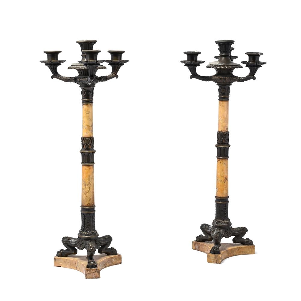 A PAIR OF FRENCH NEO-CLASSICAL BRONZE AND SIENNA MARBLE CANDELABRA, CIRCA 1830: A PAIR OF FRENCH NEO-CLASSICAL BRONZE AND SIENNA MARBLE CANDELABRA CIRCA 1830 57cm high, 17cm wide Condition Report: PLEASE NOTE: ALL LOTS ARE LOCATED AT SACKVILLE WEST STORAGE IN ANDOVER (SP10 3SA)