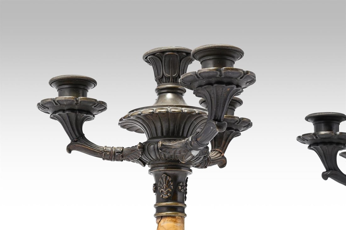 A PAIR OF FRENCH NEO-CLASSICAL BRONZE AND SIENNA MARBLE CANDELABRA, CIRCA 1830 - 2
