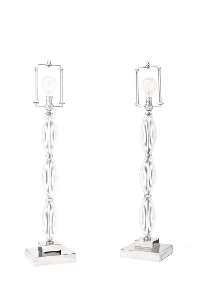 A PAIR OF GLASS AND SILVER PLATED TABLE LAMPS, OF RECENT MANUFACTURE: A PAIR OF GLASS AND SILVER PLATED TABLE LAMPS OF RECENT MANUFACTURE Lacking shades 74cm high overall Condition Report: PLEASE NOTE: ALL LOTS ARE LOCATED AT SACKVILLE WEST STORAGE IN ANDOVER (SP10