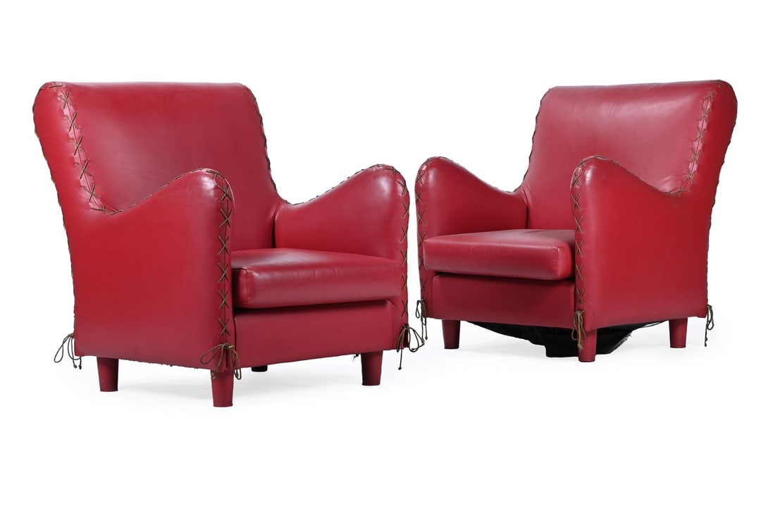 ELIZABETH GAROUSTE AND MATTIA BONETTI A PAIR OF ARMCHAIRS: ELIZABETH GAROUSTE AND MATTIA BONETTI A PAIR OF ARMCHAIRS, MID 1990s Upholstered in red leather with gold-coloured metal cord each 95cm high, 82cm wide, 90cm deep Provenance: Purchased directly from