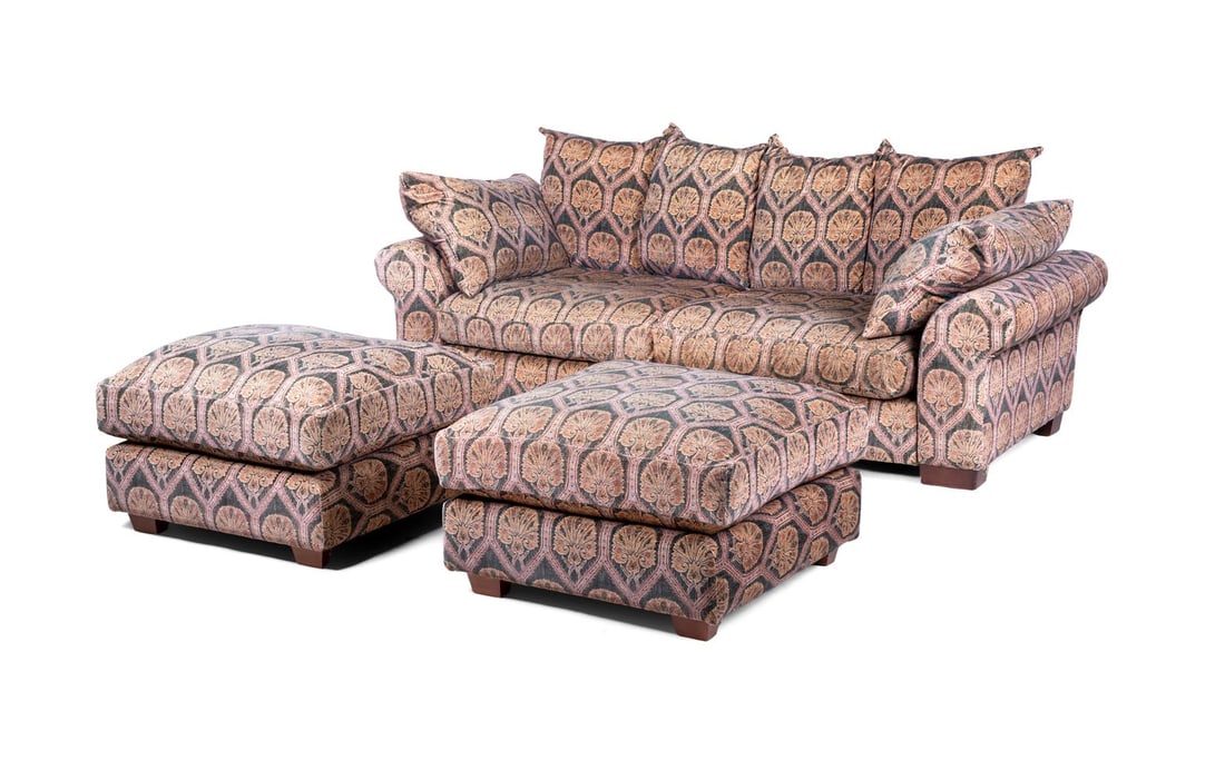 AN UPHOLSTERED TWO SEATER SOFA AND TWO STOOLS ENSUITE, PROBABLY LAST QUARTER 20TH CENTURY (1 of 3)