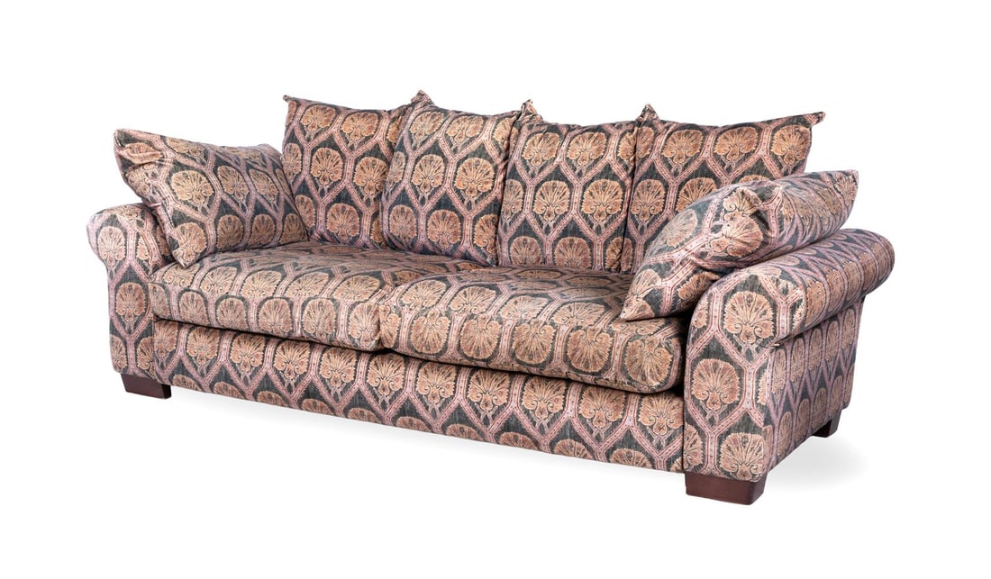 AN UPHOLSTERED TWO SEATER SOFA AND TWO STOOLS ENSUITE, PROBABLY LAST QUARTER 20TH CENTURY - 2