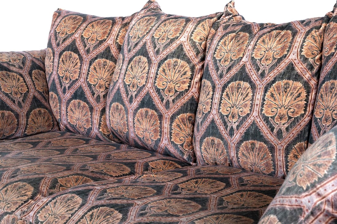 AN UPHOLSTERED TWO SEATER SOFA AND TWO STOOLS ENSUITE, PROBABLY LAST QUARTER 20TH CENTURY - 3