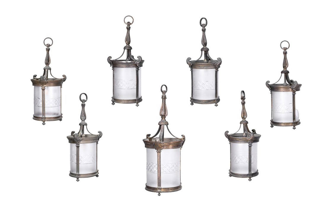A SET OF SEVEN EDWARDIAN GILT BRONZE AND FROSTED GLASS HANGING LANTERNS, FIRST QUARTER 20TH CENTURY (1 of 9)