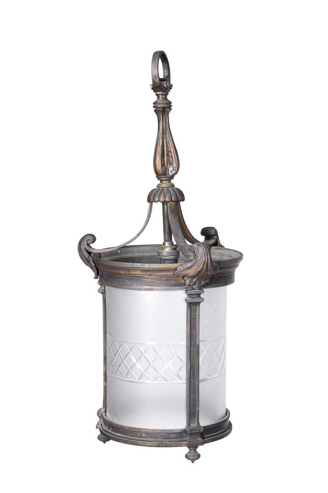 A SET OF SEVEN EDWARDIAN GILT BRONZE AND FROSTED GLASS HANGING LANTERNS, FIRST QUARTER 20TH CENTURY - 7