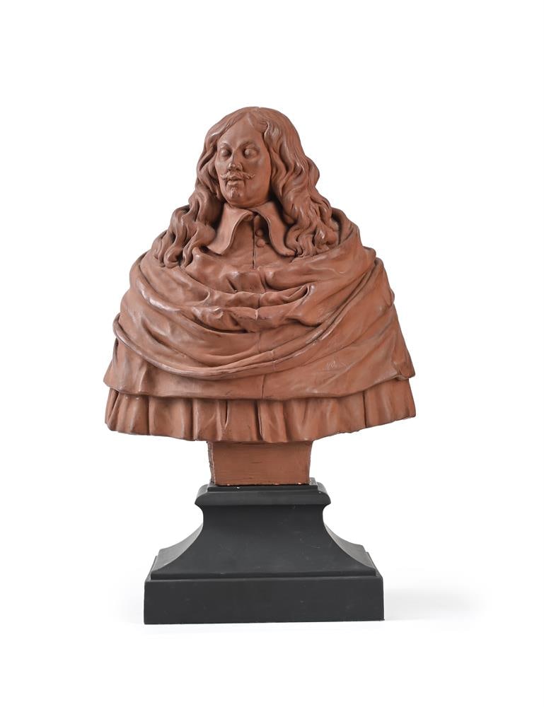 A TERRACOTTA BUST OF ADRIAEN BROUWER (1605-1638), LATE 19TH CENTURY: A TERRACOTTA BUST OF ADRIAEN BROUWER (1605-1638) LATE 19TH CENTURY With ebonised plinth base, inscribed verso ADRIANUS BROUWER, RP 51cm high Condition Report: PLEASE NOTE: ALL LOTS ARE LOCATED AT