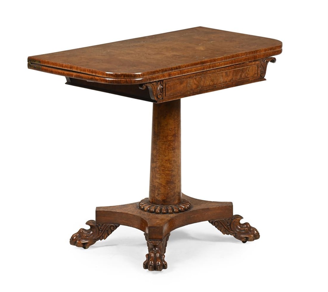 A WILLIAM IV BURR ELM FOLD OVER GAMING TABLE, POSSIBLY BY JOHN KENDELL & CO OF LEEDS, CIRCA 1835: A WILLIAM IV BURR ELM FOLD OVER GAMING TABLE POSSIBLY BY JOHN KENDELL & CO OF LEEDS, CIRCA 1835 72cm high, 91cm wide, 45cm deep, 90cm when opened John Kendell ( fl.1783-1863), is listed in the
