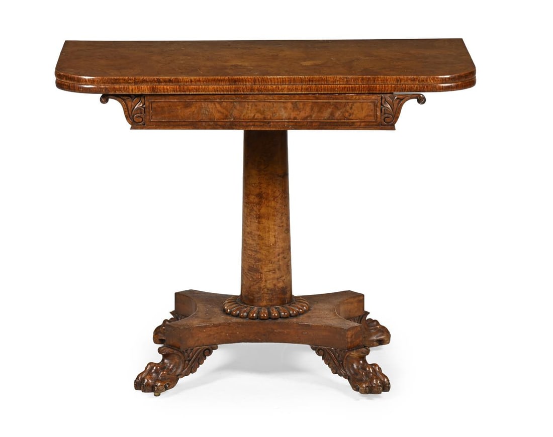 A WILLIAM IV BURR ELM FOLD OVER GAMING TABLE, POSSIBLY BY JOHN KENDELL & CO OF LEEDS, CIRCA 1835 - 2