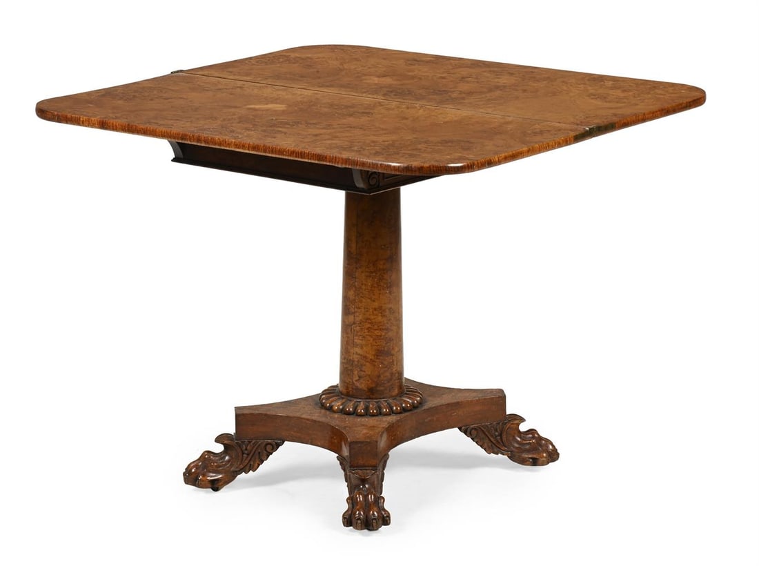 A WILLIAM IV BURR ELM FOLD OVER GAMING TABLE, POSSIBLY BY JOHN KENDELL & CO OF LEEDS, CIRCA 1835 - 3