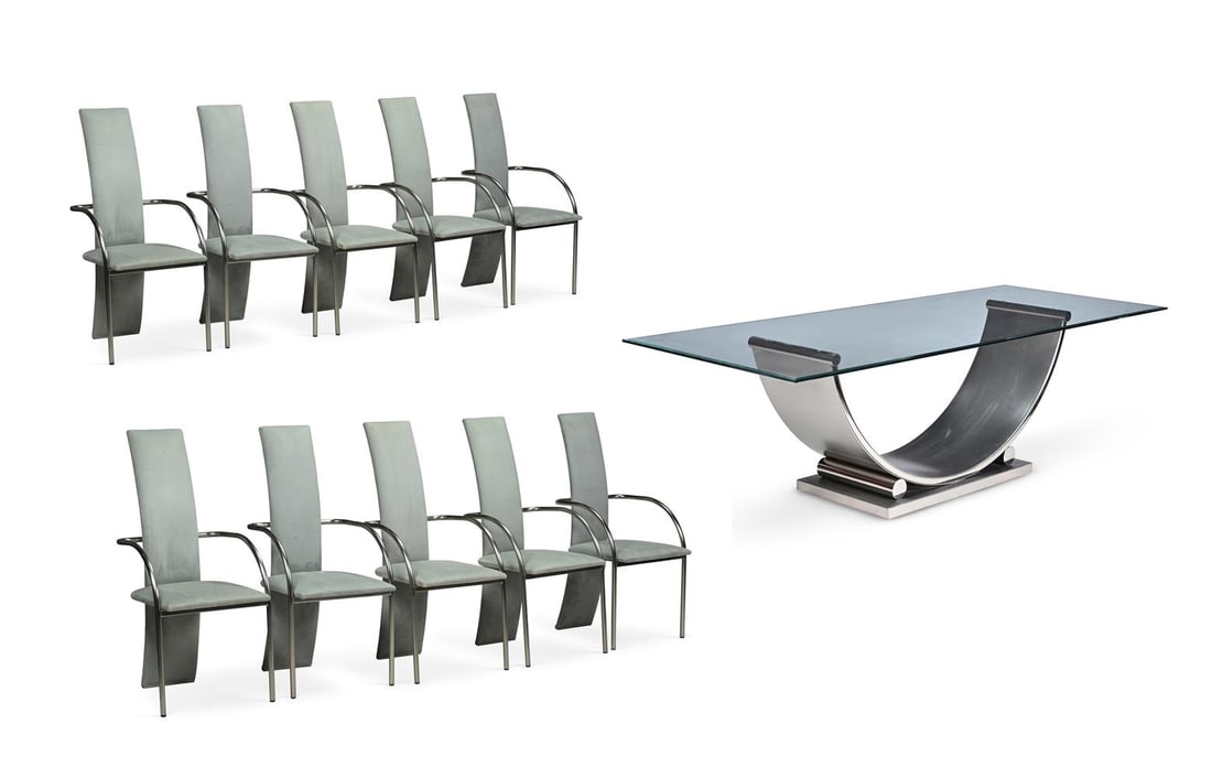 BELGO CHROM (BELGIAN, FD. 1966), DEMI-LUNE DINING TABLE AND TEN DINING CHAIRS; LATE 20TH CENTURY (1 of 7)