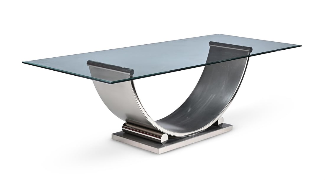 BELGO CHROM (BELGIAN, FD. 1966), DEMI-LUNE DINING TABLE AND TEN DINING CHAIRS; LATE 20TH CENTURY - 2