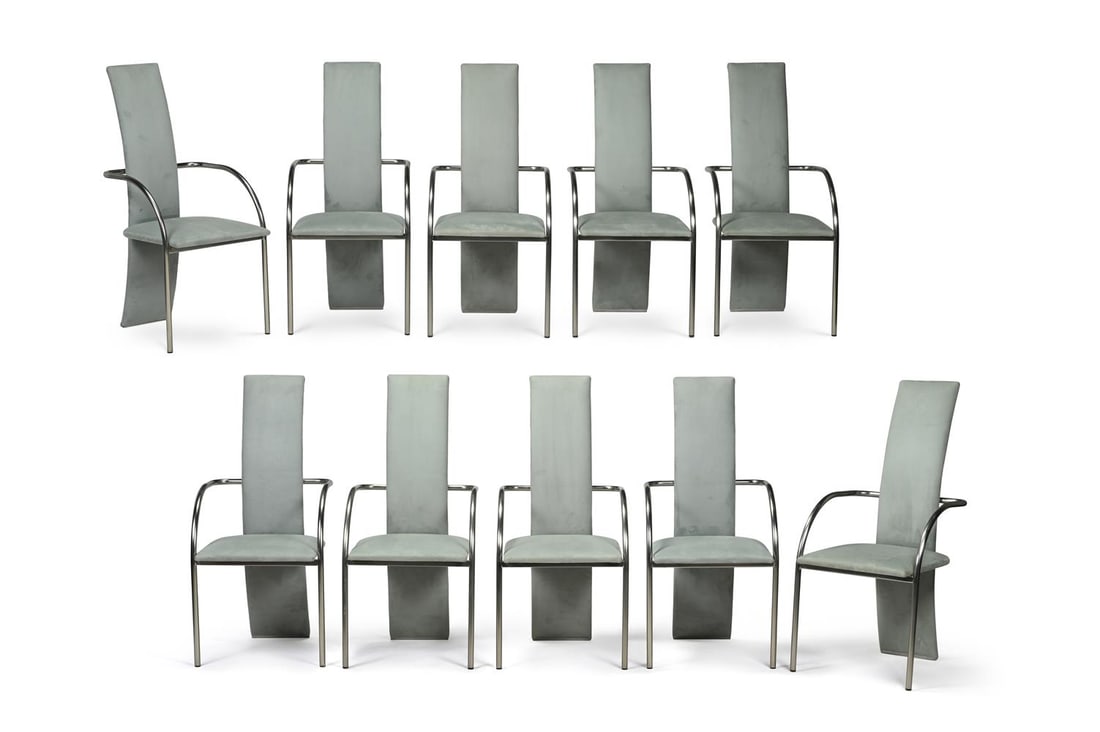 BELGO CHROM (BELGIAN, FD. 1966), DEMI-LUNE DINING TABLE AND TEN DINING CHAIRS; LATE 20TH CENTURY - 3