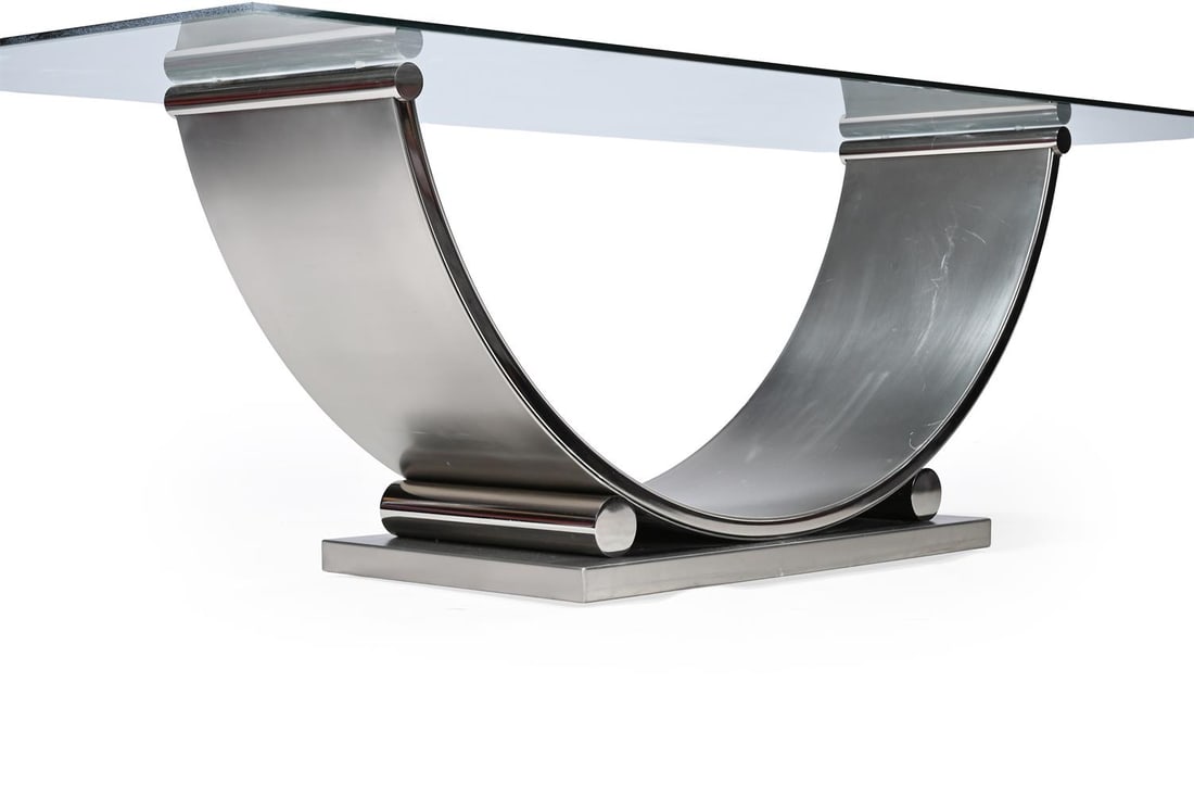 BELGO CHROM (BELGIAN, FD. 1966), DEMI-LUNE DINING TABLE AND TEN DINING CHAIRS; LATE 20TH CENTURY - 5