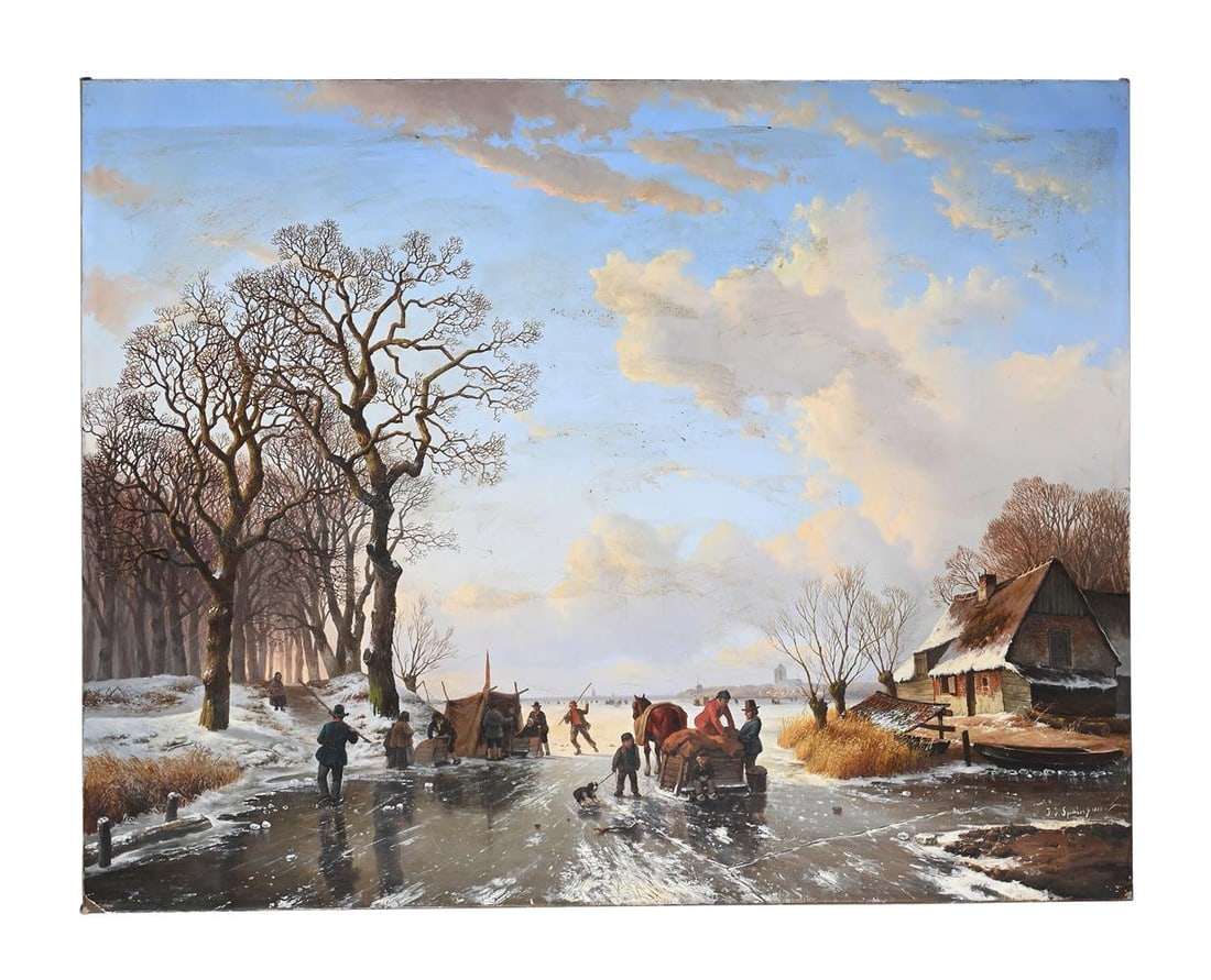 FOLLOWER OF JAN JACOB SPOHLER, WINTER LANDSCAPE WITH FROZEN LAKE: FOLLOWER OF JAN JACOB SPOHLER WINTER LANDSCAPE WITH FROZEN LAKE Oil on canvas, on a printed base Signed and dated '1855' (lower right) 63 x 80cm (24¾ x 31¼ in.) Unframed Condition