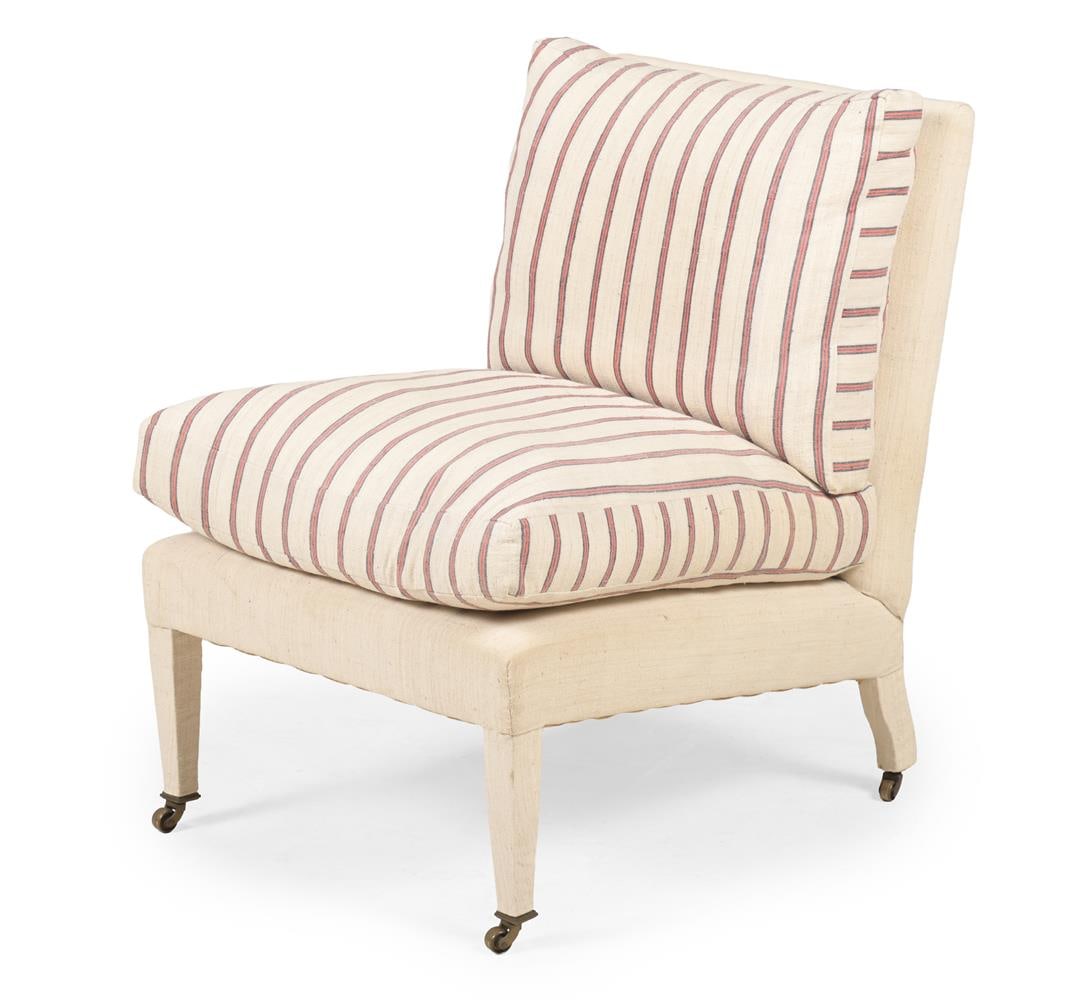 A ROBERT KIME UPHOLSTERED SIDE CHAIR, 20TH CENTURY: AN UPHOLSTERED SIDE CHAIR 20TH CENTURY Upholstered in Robert Kime 'Tynemouth Ticking' fabric 84cm high, 63cm wide, 83cm deep Condition Report: PLEASE NOTE: ALL LOTS ARE LOCATED AT SACKVILLE