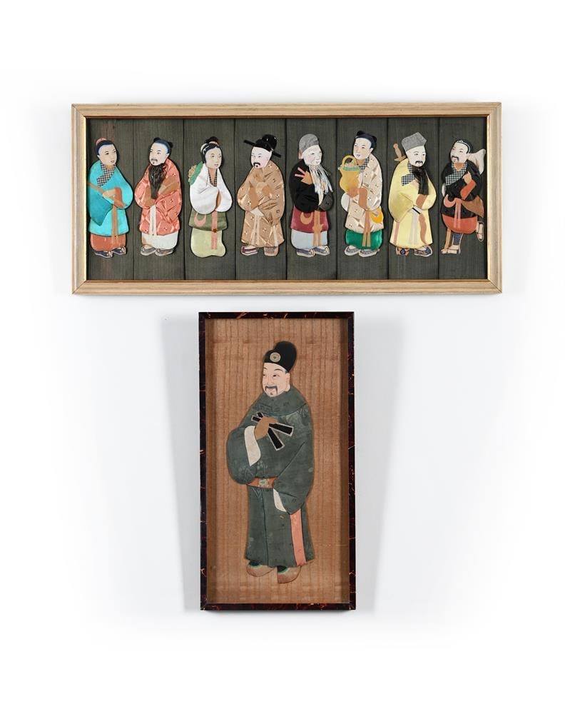 A CHINESE FRAMED SILK APPLIQUE DEPICTING THE EIGHT DAOIST IMMORTALS, AND ANOTHER SIMILAR: A CHINESE FRAMED SILK APPLIQUE DEPICTING THE EIGHT DAOIST IMMORTALS