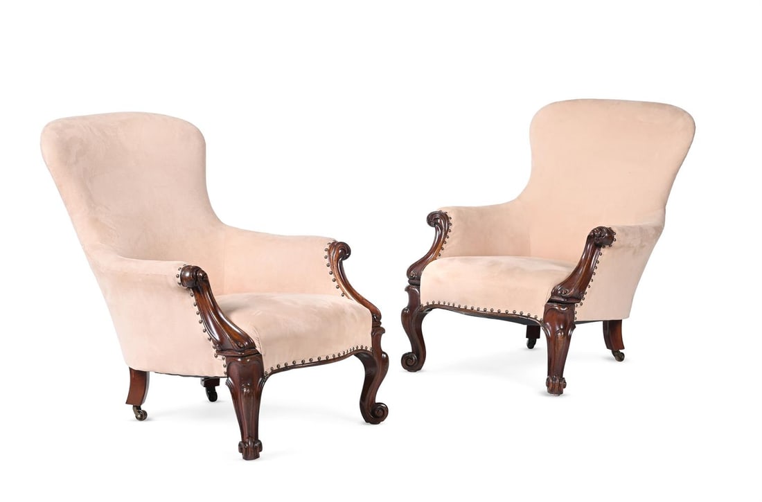 A PAIR OF VICTORIAN CARVED WALNUT AND SUEDE UPHOLSTERED ARMCHAIRS, CIRCA 1860 (1 of 3)
