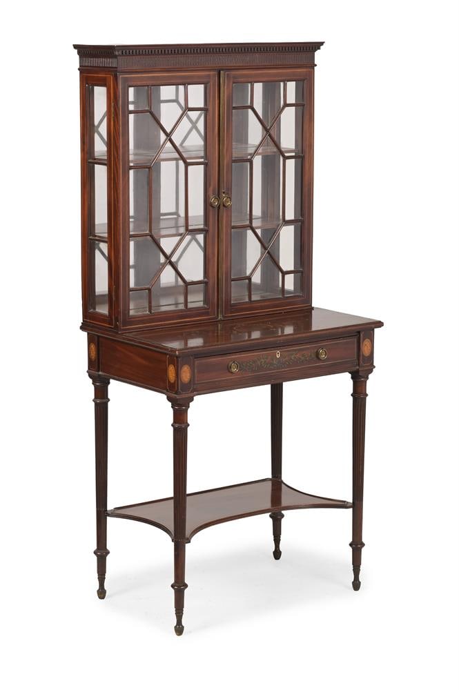 Y A LATE VICTORIAN INLAID AND PAINTED MAHOGANY BOOKCASE DESK, CIRCA 1890: Y A LATE VICTORIAN INLAID AND PAINTED MAHOGANY BOOKCASE DESK CIRCA 1890 Stamped 'EDWARDS & ROBERTS' to drawer with ivory escutcheons 150cm high, 69cm wide, 45cm deep Please note