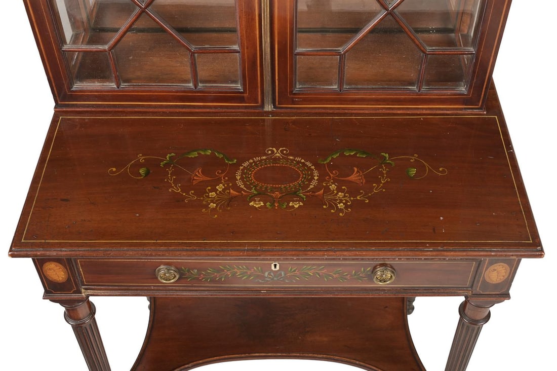Y A LATE VICTORIAN INLAID AND PAINTED MAHOGANY BOOKCASE DESK, CIRCA 1890 - 3