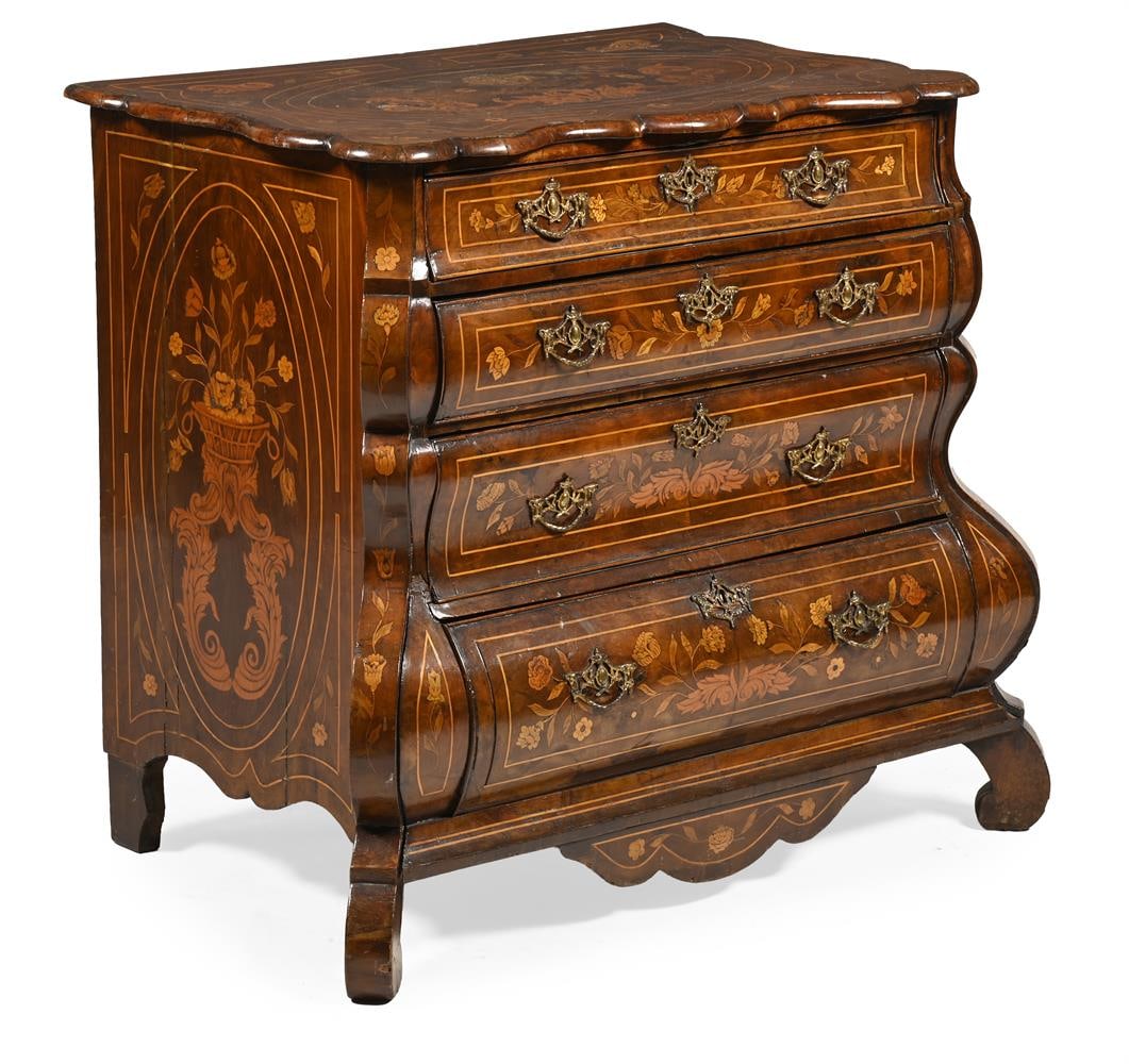 A MAHOGANY AND MARQUETRY DOUBLE BOMBE COMMODE, DUTCH, CIRCA 1790 (1 of 3)