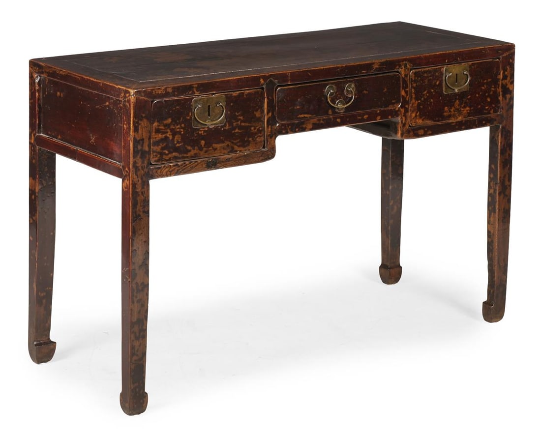 A CHINESE YUMU (ELM) THREE DRAWER SIDE TABLE, PROBABLY LATE 19TH CENTURY (1 of 2)