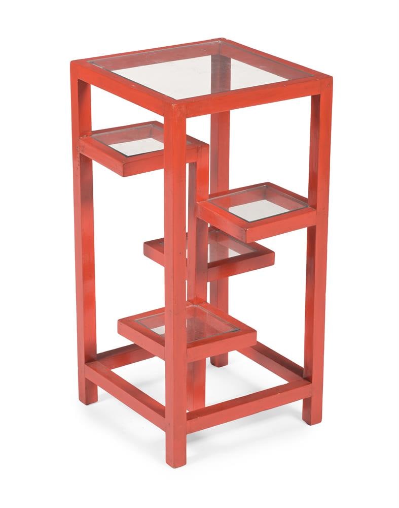 VICTORIA STAINLOW, A RED LACQUERED AND GLASS INSET OCCASIONAL TABLE, MODERN (1 of 3)