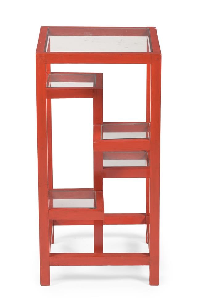 VICTORIA STAINLOW, A RED LACQUERED AND GLASS INSET OCCASIONAL TABLE, MODERN - 2