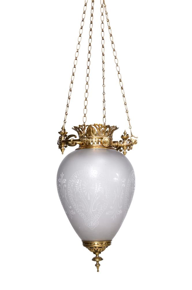 A GILT METAL MOUNTED ETCHED GLASS PENDANT LIGHT, IN VICTORIAN STYLE, FIRST HALF 20TH CENTURY: A GILT METAL MOUNTED ETCHED GLASS PENDANT LIGHT IN VICTORIAN STYLE, FIRST HALF 20TH CENTURY 54cm height of body, 29cm diameter Condition Report: PLEASE NOTE: ALL LOTS ARE LOCATED AT SACKVILLE WEST