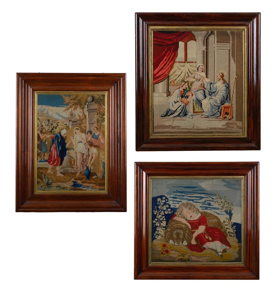 Y THREE VICTORIAN ROSEWOOD AND SIMULATED ROSEWOOD FRAMED BERLIN WOOLWORKS PICTURES, MID 19TH CENTURY: Y THREE VICTORIAN ROSEWOOD AND SIMULATED ROSEWOOD FRAMED BERLIN WOOLWORKS PICTURES MID 19TH CENTURY Of religious scenes The largest 102cm x 81cm Condition Report: PLEASE NOTE: ALL LOTS ARE
