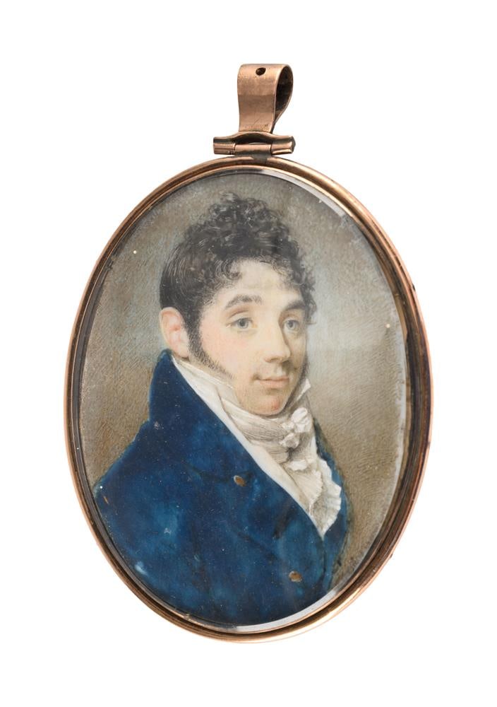 Y BRITISH SCHOOL (19TH CENTURY), PORTRAIT MINITAURE OF A GENTLEMAN: Y BRITISH SCHOOL (19TH CENTURY) PORTRAIT MINITAURE OF A GENTLEMAN, BELIEVED TO BE A MEMBER OF THE COTTENHAM FAMILY; FACING RIGHT, WEARING BLUE COAT WITH GOLD BUTTONS, WHITE STOCK AND WAISTCOAT,