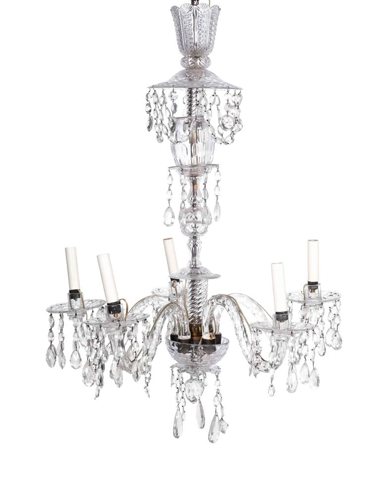 A CUT AND MOULDED GLASS FIVE LIGHT CHANDELIER, EARLY 20TH CENTURY: A CUT AND MOULDED GLASS FIVE LIGHT CHANDELIER