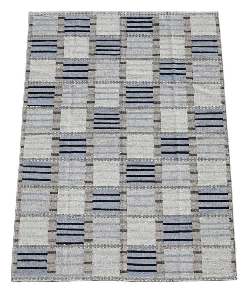 A CONTEMPORARY SWEDISH DESIGN IVORY, GREY, BLUE AND BLACK FLATWEAVE CARPET, MODERN (1 of 3)