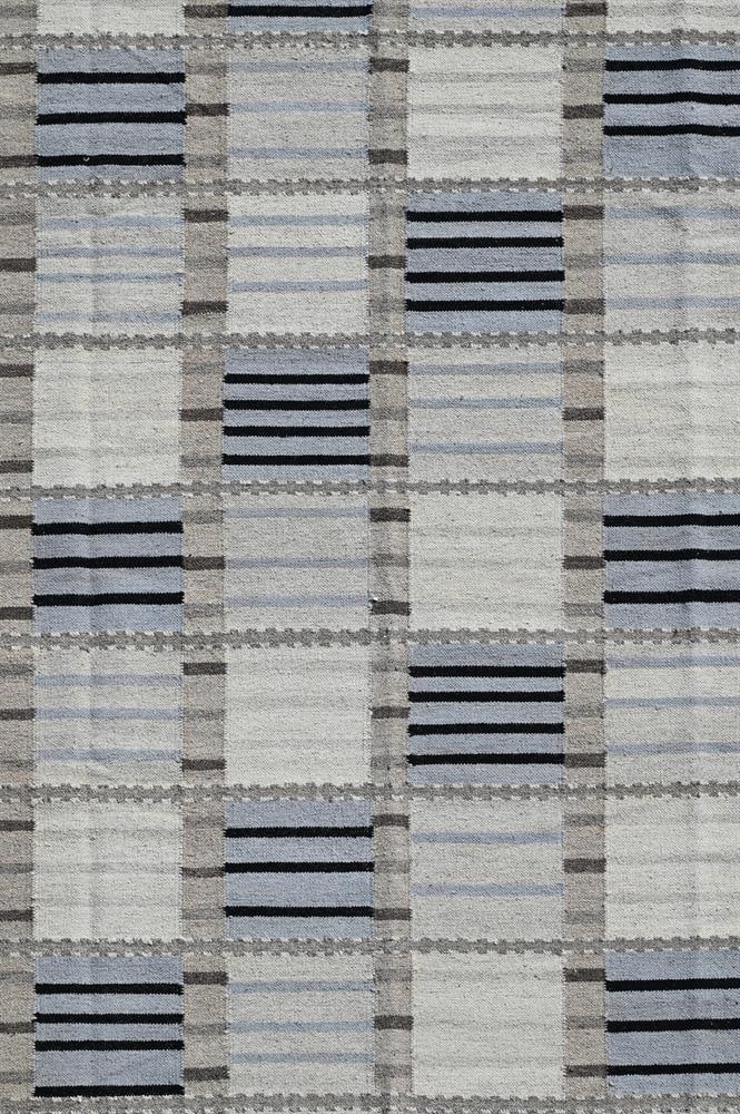 A CONTEMPORARY SWEDISH DESIGN IVORY, GREY, BLUE AND BLACK FLATWEAVE CARPET, MODERN - 2