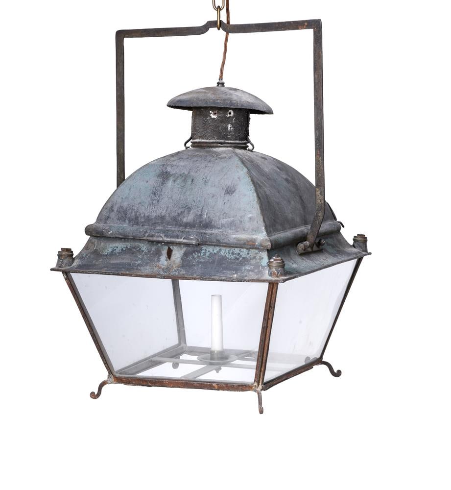 A PATINATED COPPER LANTERN, FRENCH, FIRST HALF 20TH CENTURY: A PATINATED COPPER LANTERN FRENCH, FIRST HALF 20TH CENTURY 73cm high, 48cm wide, 48cm deep Condition Report: PLEASE NOTE: ALL LOTS ARE LOCATED AT SACKVILLE WEST STORAGE IN ANDOVER (SP10 3SA) AND ARE