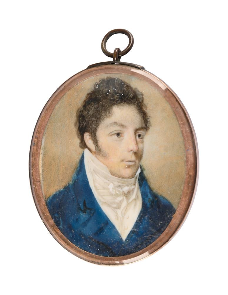 Y BRITISH SCHOOL (19TH CENTURY)PORTRAIT MINITAURE OF A GENTLEMAN: Y BRITISH SCHOOL (19TH CENTURY) PORTRAIT MINITAURE OF A GENTLEMAN, BELIEVED TO BE A MEMBER OF THE COTTENHAM FAMILY; FACING RIGHT, WEARING BLUE COAT WITH GOLD BUTTONS, WHITE STOCK AND WAISTCOAT,